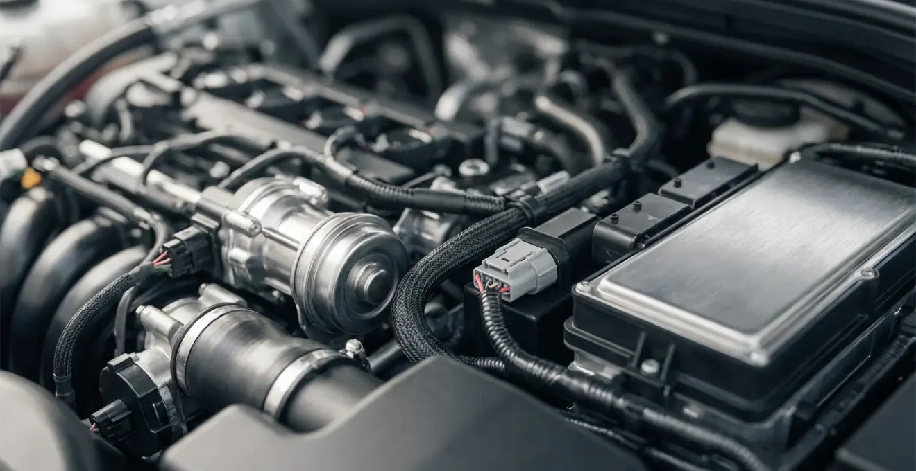 Vue macro d'un moteur de voiture moderne avec ses composants électroniques visibles suggérant la complexité technologique