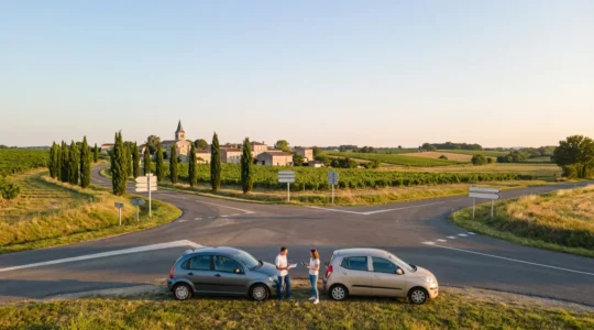 Vue aérienne d'une route française avec voitures et documents administratifs flous en arrière-plan
