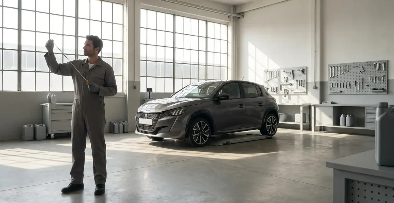 Mécanicien vérifiant l'huile moteur d'une voiture dans un garage moderne