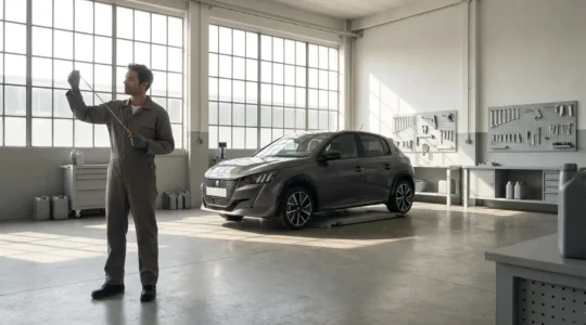 Mécanicien vérifiant l'huile moteur d'une voiture dans un garage moderne