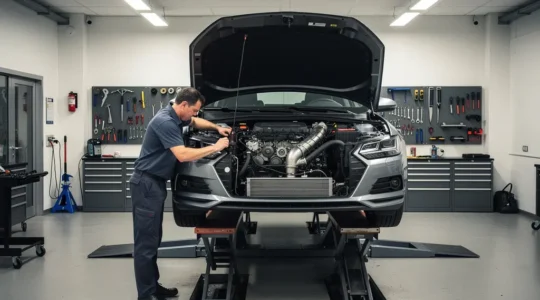 Mécanicien inspectant le moteur diesel d'une voiture dans un garage professionnel
