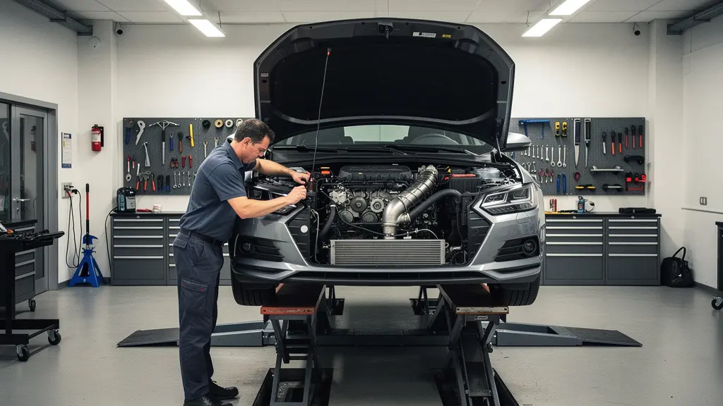 Mécanicien inspectant le moteur diesel d'une voiture dans un garage professionnel