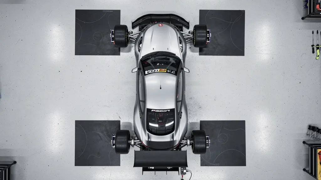 Vue aérienne d'une voiture sur un plateau de corner balancing avec quatre balances sous chaque roue