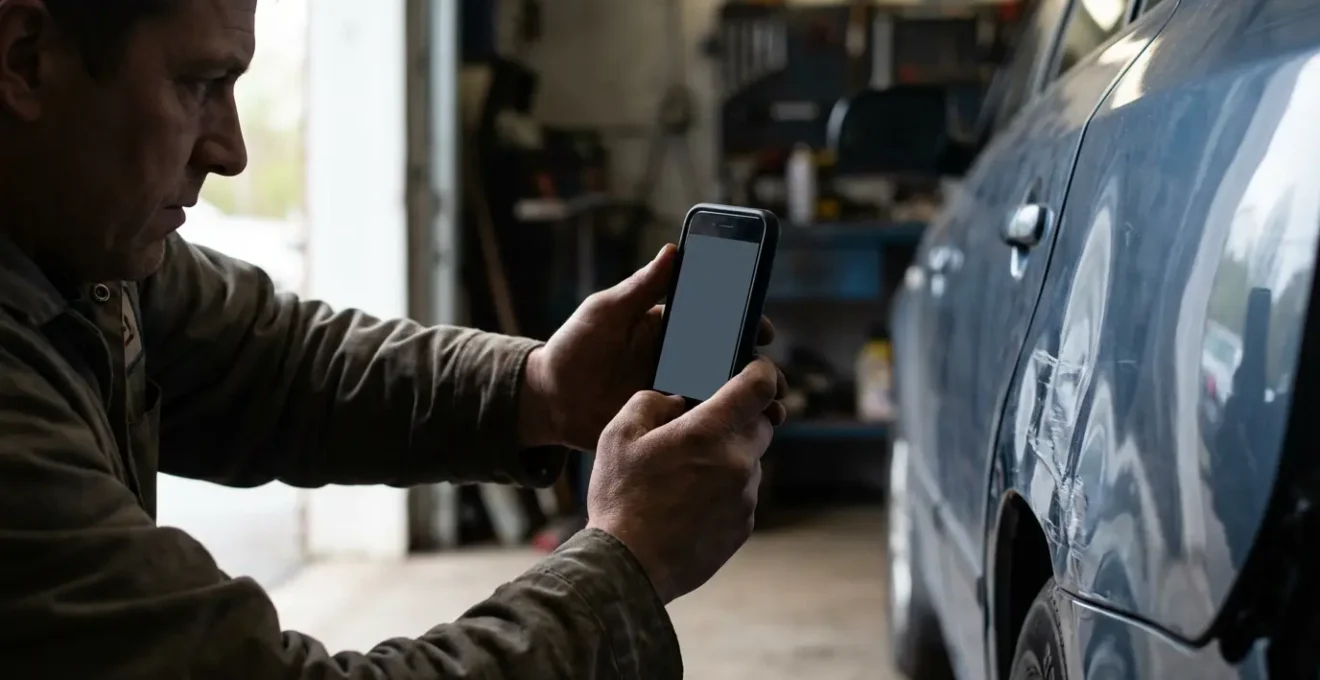 Photographe documentant méthodiquement les dommages d'un véhicule pour expertise à distance