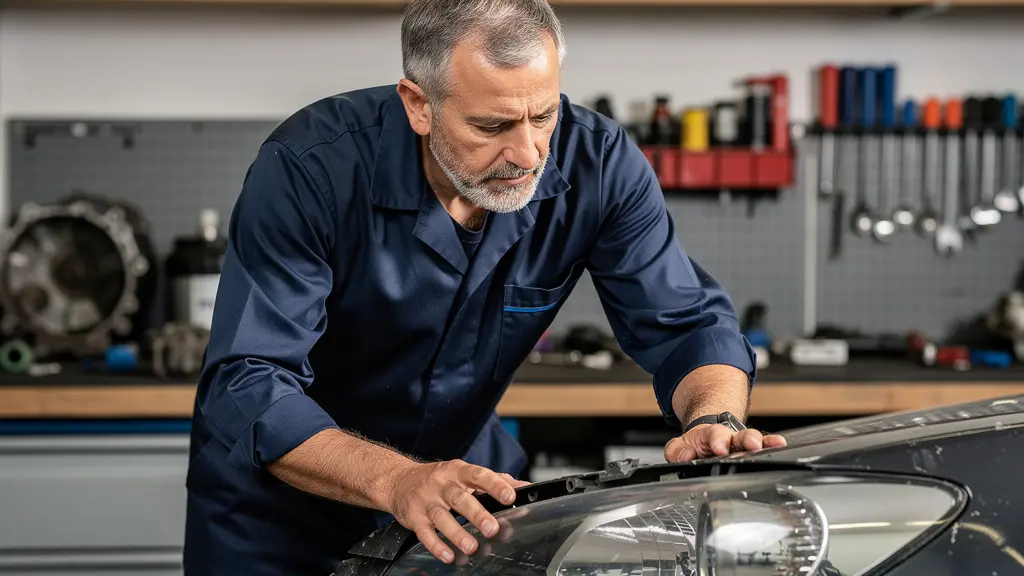Expert automobile inspectant les dommages d'un véhicule accidenté en atelier