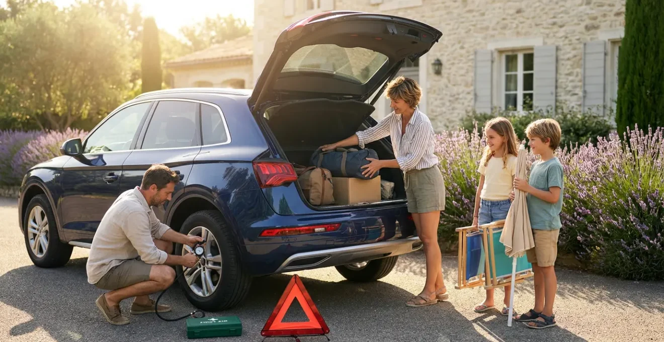 Famille préparant leur véhicule pour un départ en vacances avec équipements de sécurité