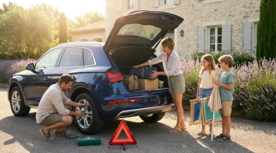 Famille préparant leur véhicule pour un départ en vacances avec équipements de sécurité