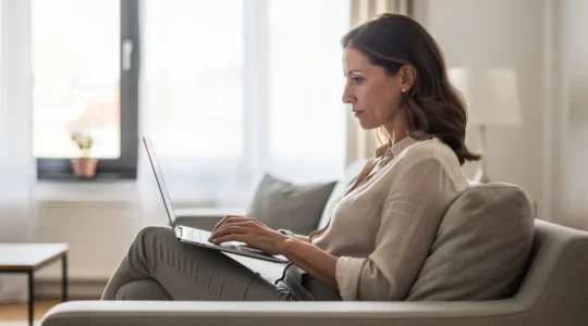 Conductrice comparant des offres d'assurance auto sur ordinateur portable dans son salon