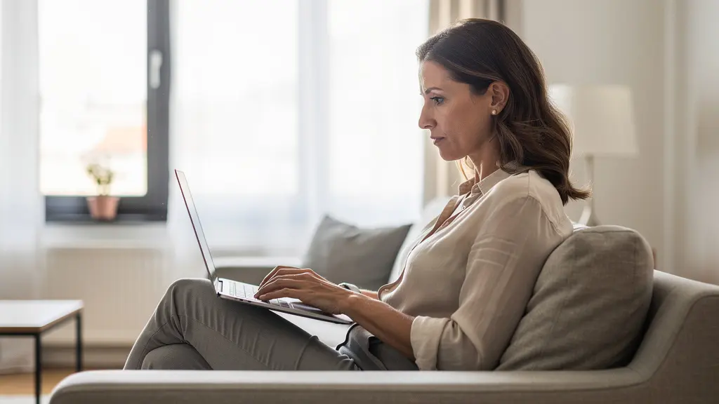 Conductrice comparant des offres d'assurance auto sur ordinateur portable dans son salon