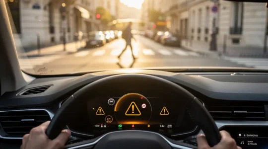 Vue du point de vue conducteur montrant un tableau de bord moderne avec alerte de freinage d'urgence activée sur route urbaine française