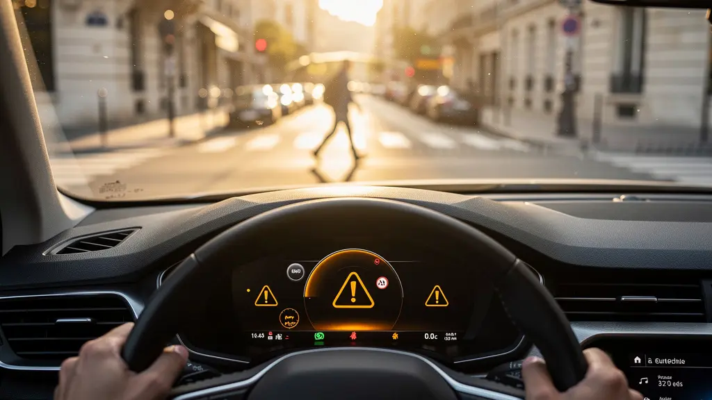 Vue du point de vue conducteur montrant un tableau de bord moderne avec alerte de freinage d'urgence activée sur route urbaine française