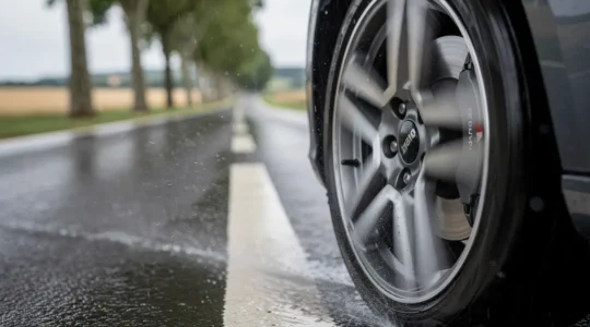 Freinage d'urgence avec système ABS activé sur route française mouillée