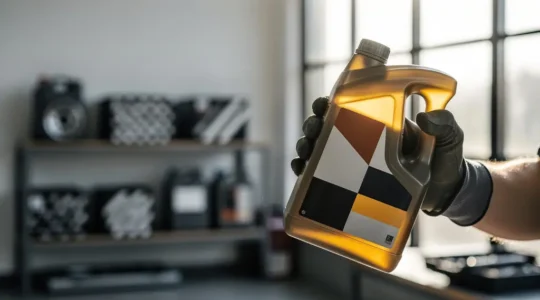 Mécanicien professionnel examinant un bidon d'huile moteur avec les normes ACEA visibles en arrière-plan