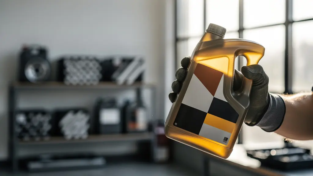 Mécanicien professionnel examinant un bidon d'huile moteur avec les normes ACEA visibles en arrière-plan