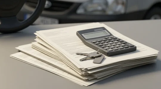 Expert en assurance automobile examinant des documents d'indemnisation avec une voiture accidentée en arrière-plan