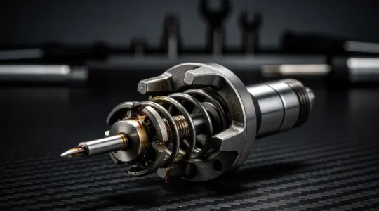 Détail mécanique en gros plan d'un injecteur diesel moderne avec ses composants internes visibles