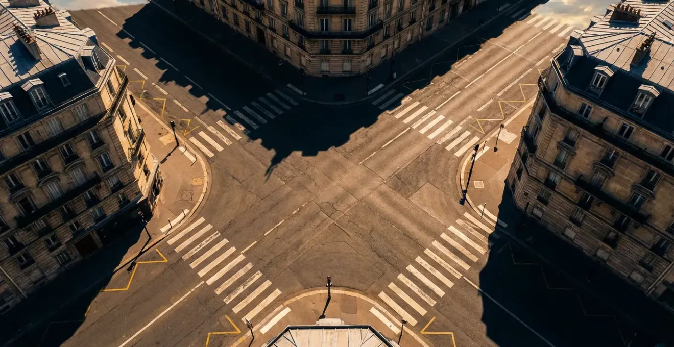 Intersection en zone 30 avec marquage au sol et signalisation de priorité