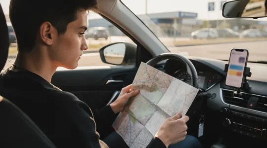Jeune conducteur préparant son itinéraire pour un long trajet en toute sérénité