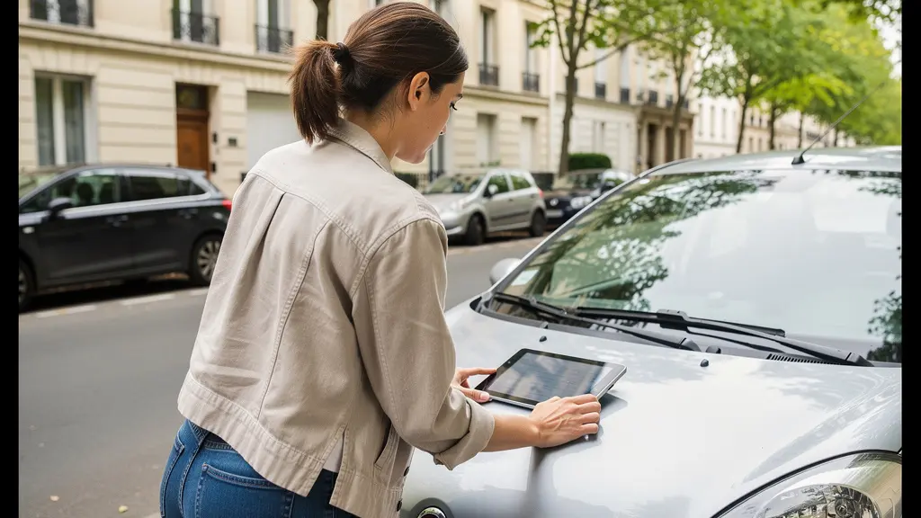 Jeune conductrice comparant des offres d'assurance auto sur sa tablette posée sur le capot de sa voiture