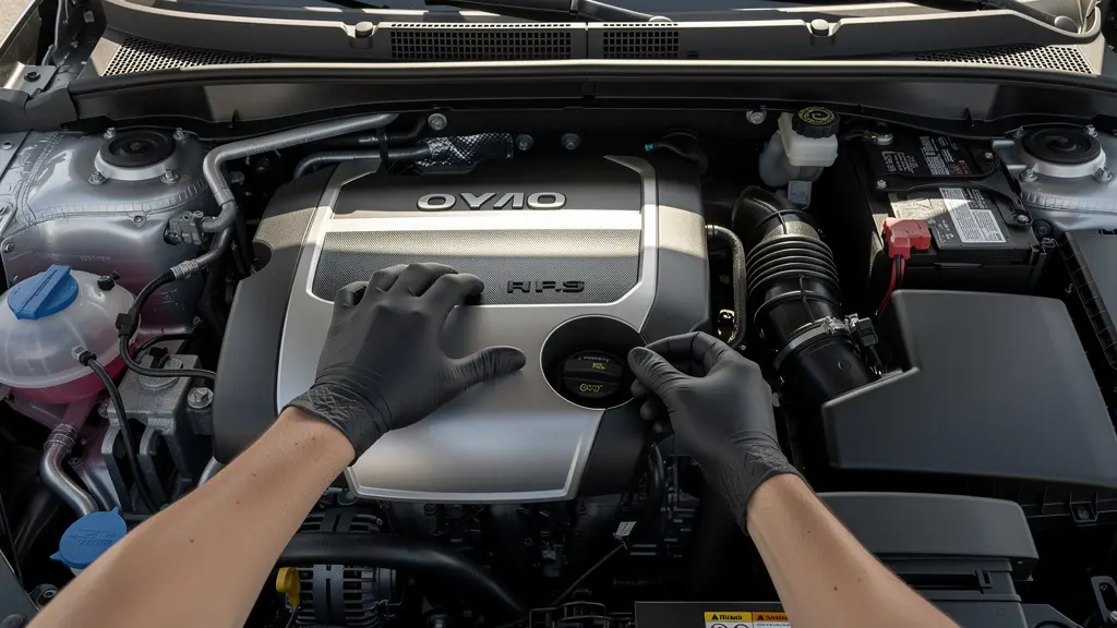 Vue en plongée d'un mécanicien vérifiant le niveau et la couleur du liquide de direction assistée