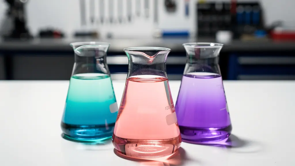 Trois flacons de liquide de refroidissement de couleurs différentes sur fond d'atelier