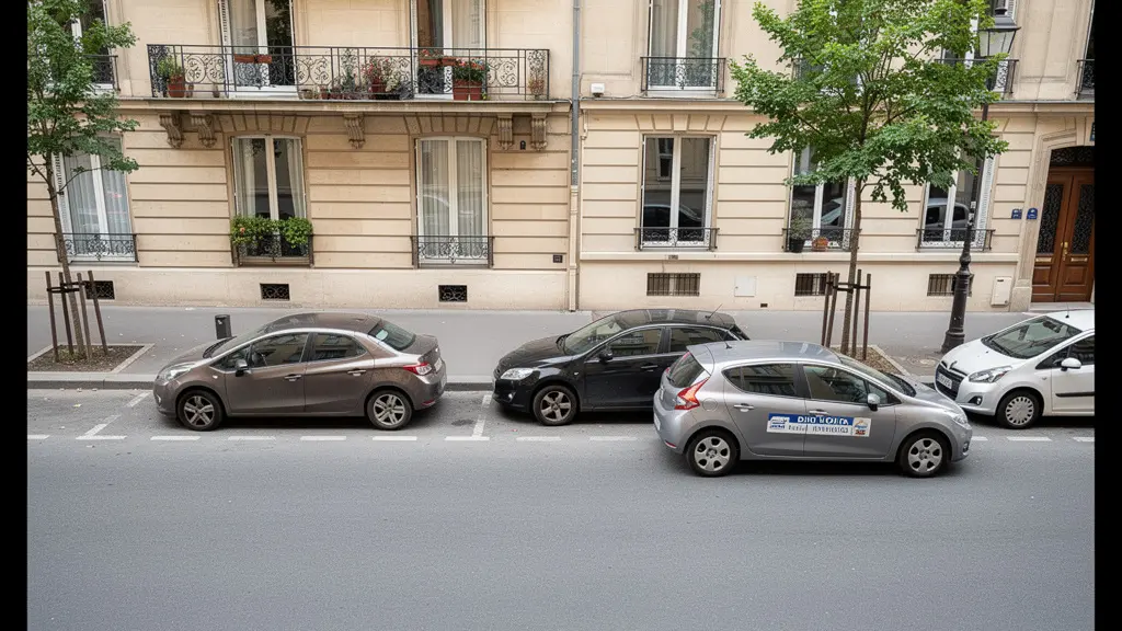 Vue aérienne d'une voiture d'auto-école effectuant un créneau dans une rue résidentielle calme