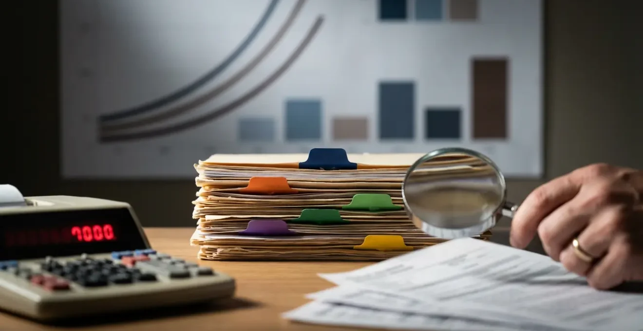 Bureau d'assureur avec dossiers et calculatrice, graphique de sinistralité en arrière-plan flou