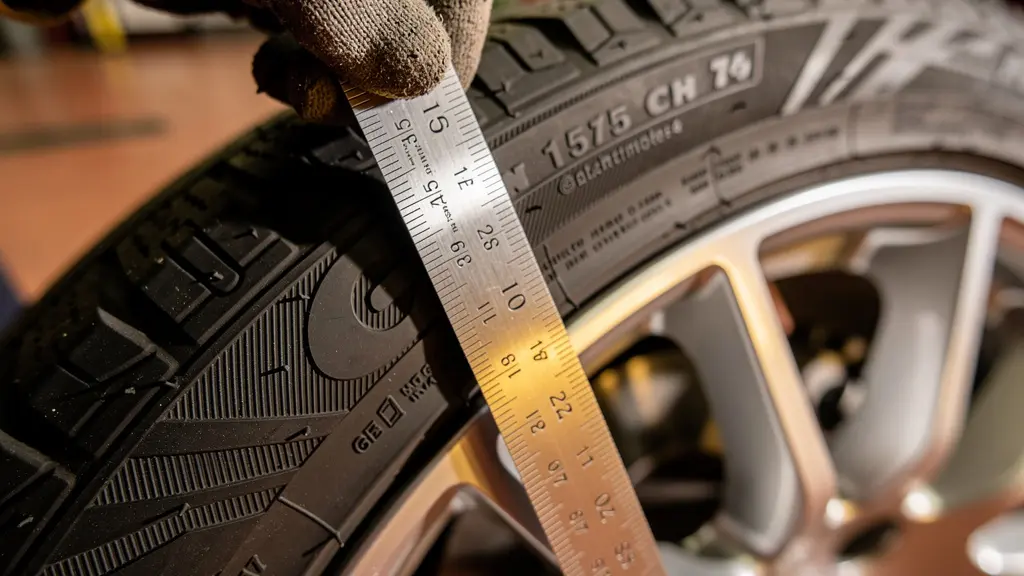 Mécanicien mesurant les dimensions d'un pneu monté sur une jante avec mètre ruban professionnel