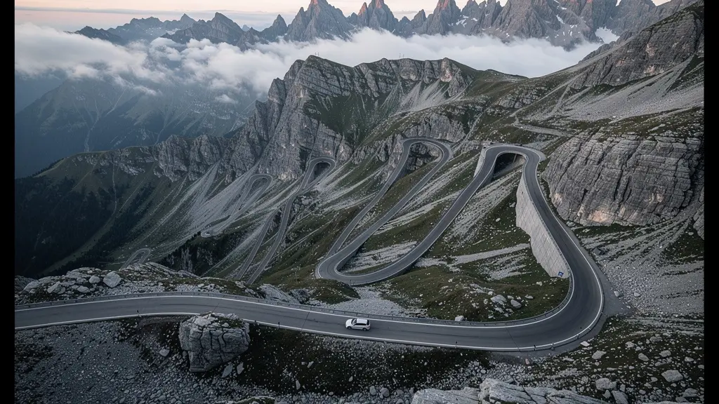Route de montagne sinueuse avec véhicule isolé dans un paysage montagneux