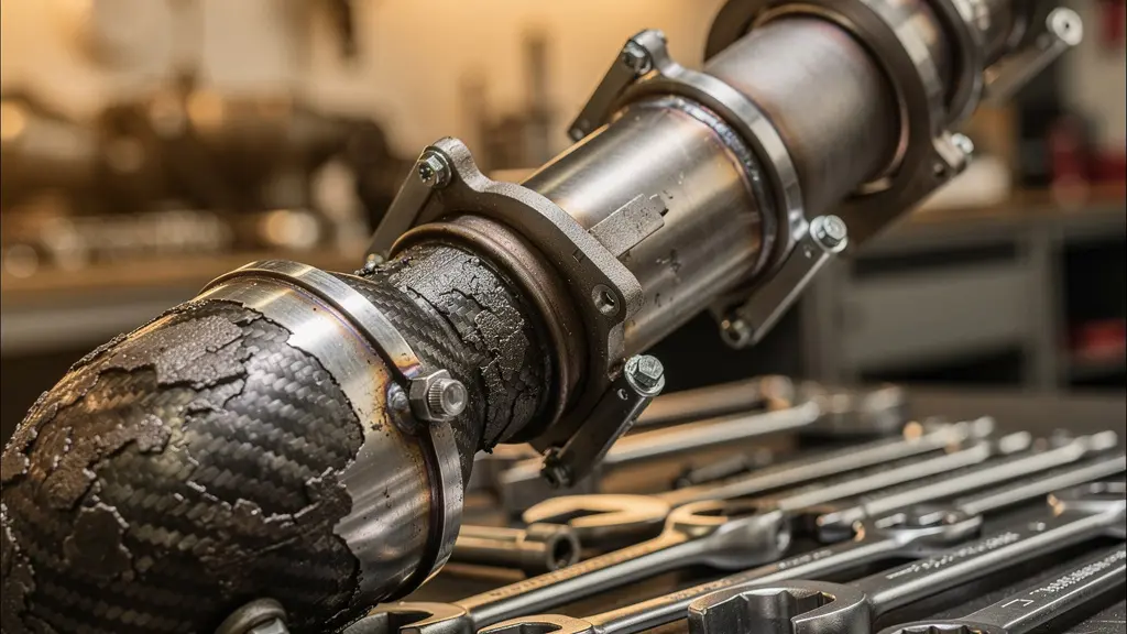 Gros plan sur les composants d'un moteur diesel moderne, montrant le boîtier du filtre à particules avec des dépôts de carbone visibles.