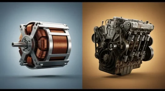 Vue comparative d'un moteur électrique et d'un moteur thermique en atelier automobile