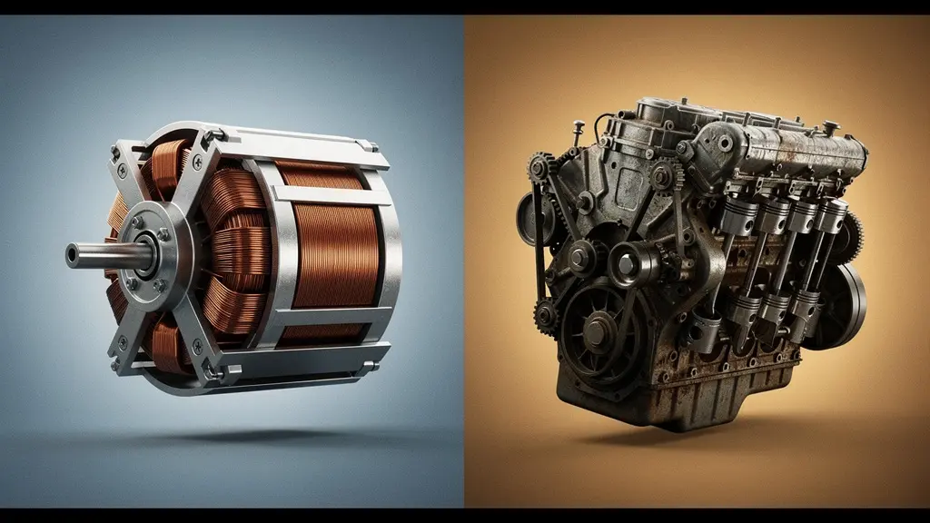 Vue comparative d'un moteur électrique et d'un moteur thermique en atelier automobile