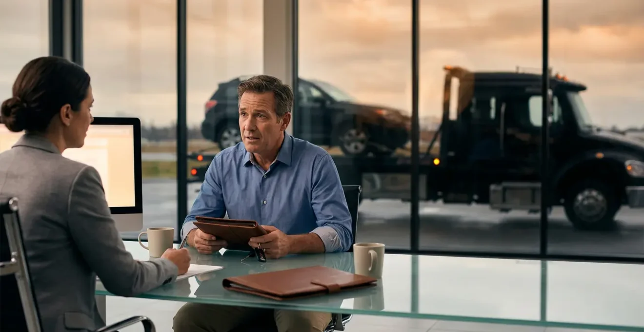 Négociation entre un automobiliste et un conseiller d'assurance pour obtenir un véhicule de prêt équivalent