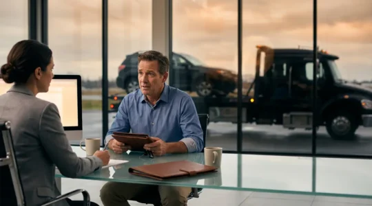 Négociation entre un automobiliste et un conseiller d'assurance pour obtenir un véhicule de prêt équivalent