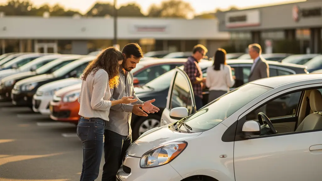 Parc automobile avec véhicules d'occasion alignés sous éclairage naturel, un couple examinant une voiture avec une expression soucieuse.