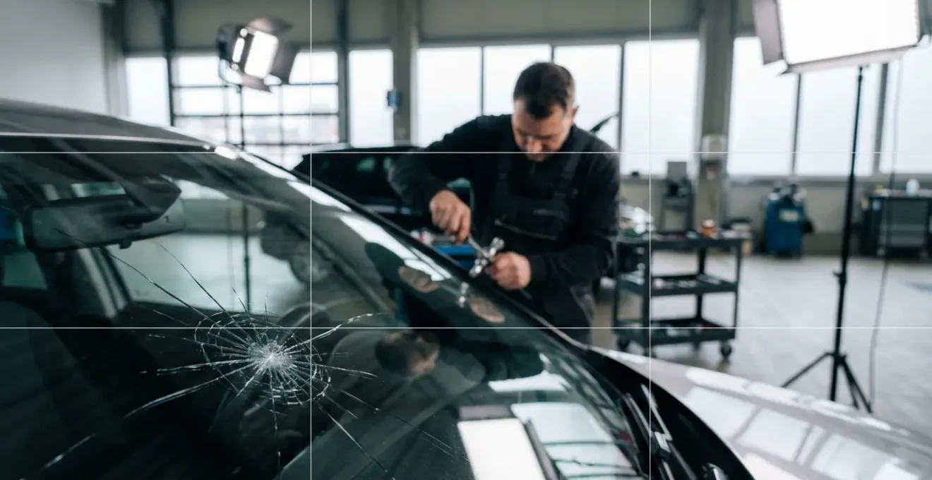 Pare-brise d'une voiture avec un impact étoilé, technicien en arrière-plan effectuant une réparation, atelier automobile moderne
