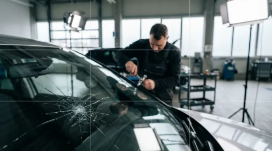 Pare-brise d'une voiture avec un impact étoilé, technicien en arrière-plan effectuant une réparation, atelier automobile moderne