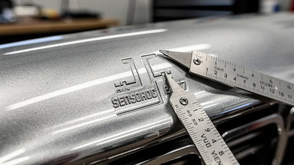 Pare-chocs d'une voiture ancienne avec marquage précis pour l'installation de capteurs