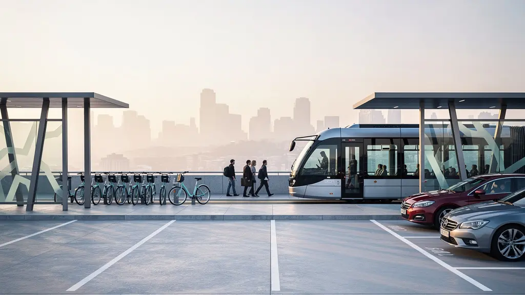 Parking relais moderne avec un tramway à quai et des vélos en libre-service à l'aube.