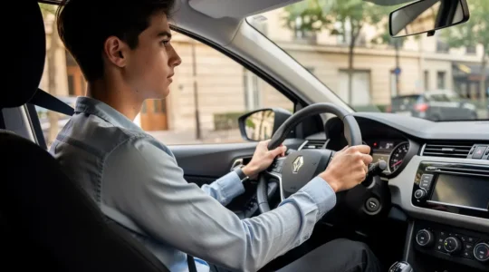 Candidat au permis de conduire dans une voiture d'auto-école, concentré et serein lors de l'examen pratique