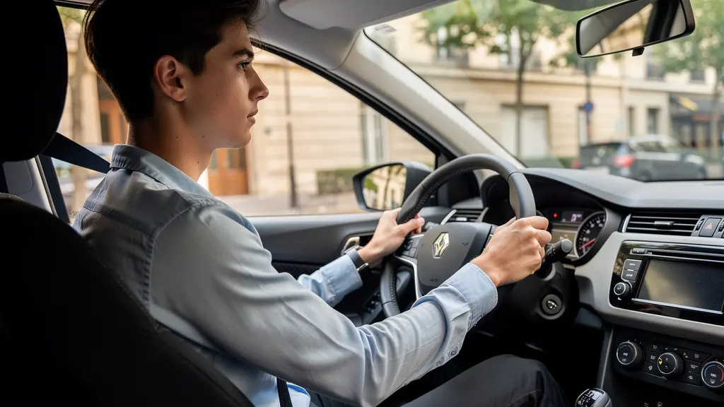 Candidat au permis de conduire dans une voiture d'auto-école, concentré et serein lors de l'examen pratique