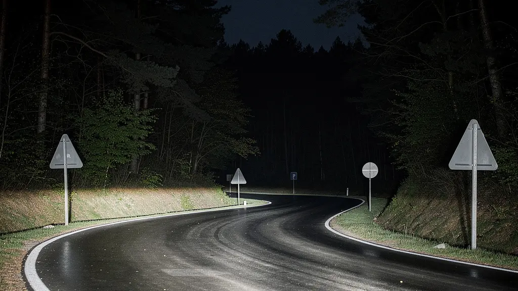 Phares Matrix LED éclairant sélectivement une route départementale française de nuit