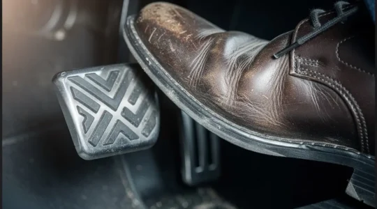 Vue latérale d'un pied sur pédale d'embrayage avec coupe mécanique transparente montrant le point de patinage