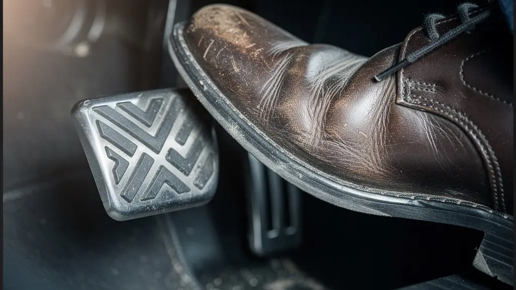 Vue latérale d'un pied sur pédale d'embrayage avec coupe mécanique transparente montrant le point de patinage