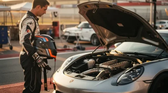 Préparation d'une voiture de sport sur circuit avec pilote concentré avant première session