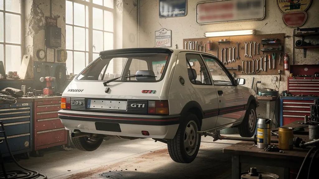 Installation de radars de recul sur une voiture ancienne dans un garage d'artisan