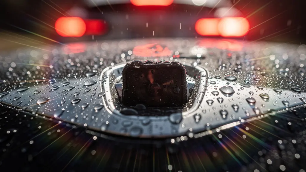 Capteur radar de voiture sous forte pluie avec projection d'eau créant un mur d'eau