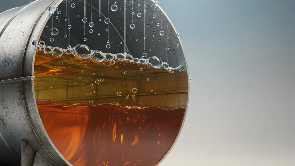 Vue en coupe d'un réservoir de carburant montrant la formation de condensation d'eau