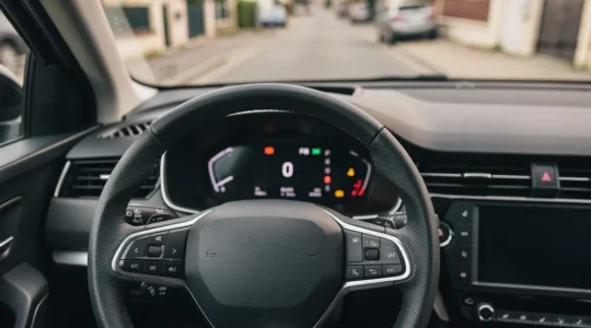 Vue intérieure d'une voiture moderne montrant les éléments de sécurité active avec tableau de bord et volant