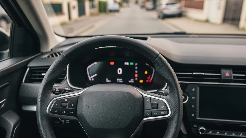 Vue intérieure d'une voiture moderne montrant les éléments de sécurité active avec tableau de bord et volant